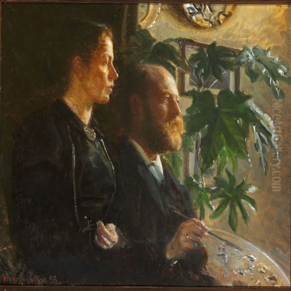 Self-portrait With Palette In Hand And His Wife Martha At His Side Oil Painting by Viggo Johansen