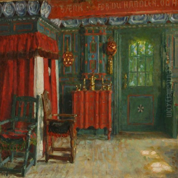 Country Interior Oil Painting by Viggo Johansen