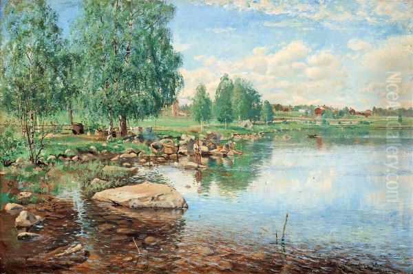 Landscape With Anglingboy Oil Painting by Carl August Johansson