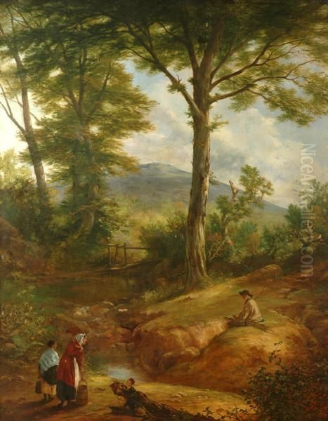 Family By The Stream Oil Painting by J.R. Johne