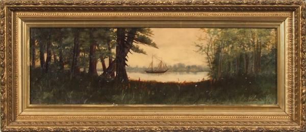 Forest Landscape With Lake And Sailboat At Center Oil Painting by Clarence M. Johns