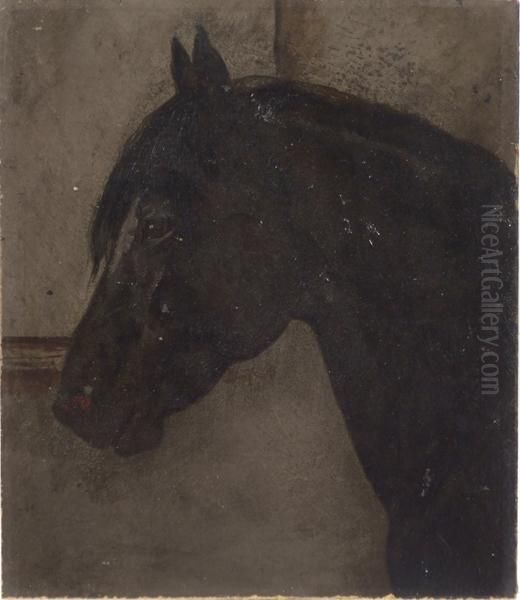 Black Horse In Stable Oil Painting by Clarence M. Johns