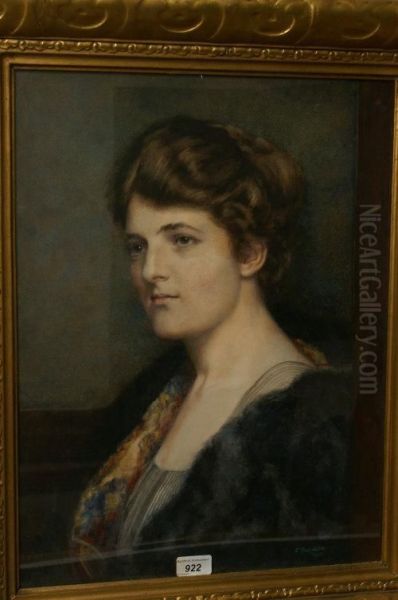 Portrait Of A Lady, Wearing A Black Fur Shawl Oil Painting by Edwin Thomas Johns