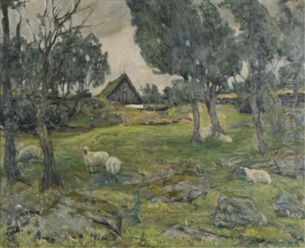 Sheep At Pasture With Barn In Background by Erik William Johnsen