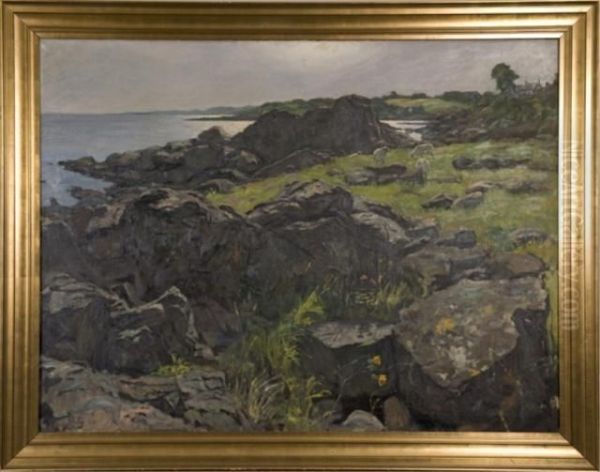 Sheep In Rocky Landscape Near Shoreline Oil Painting by Erik William Johnsen