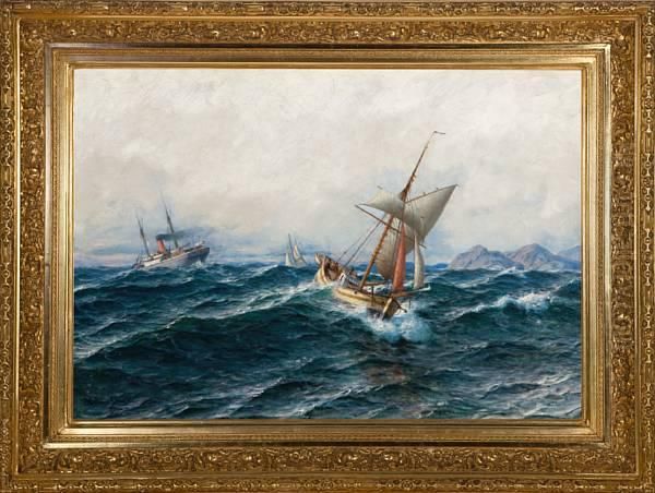 Skipstrafikk Utenfor Den Norske Kyst Oil Painting by Hjalmar Johnsen