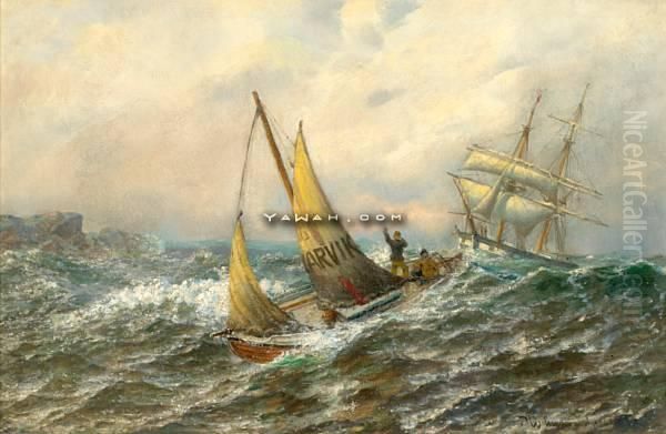 Johnssen Losbaten Moter Skute Olje Pa Lerret Oil Painting by Hjalmar Johnsen