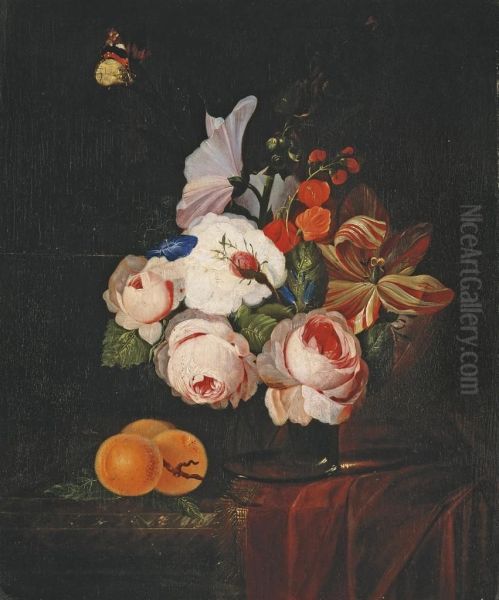 Roses, Tulipes, Liseron Et Autres Fleurs Dans Un Vase En Verre, Abricots Poses Sur Un Entablement Drape Oil Painting by Johan Johnsen