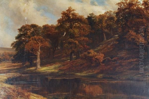 River Landscape With Trees On Ahillside Oil Painting by Charles Edward Johnson