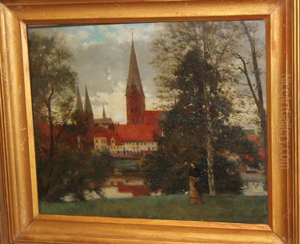 Continental Town Scene With Church Spires, Trees And A Figure In The Foreground Oil Painting by Cyrus Johnson