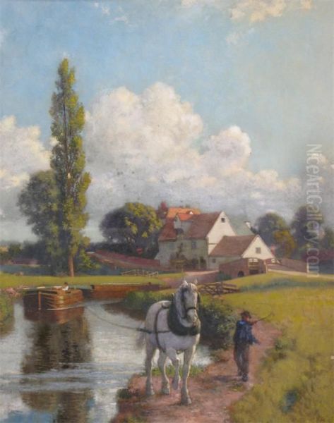 Canal Scene With A Horse Drawn Barge Oil Painting by Cyrus Johnson