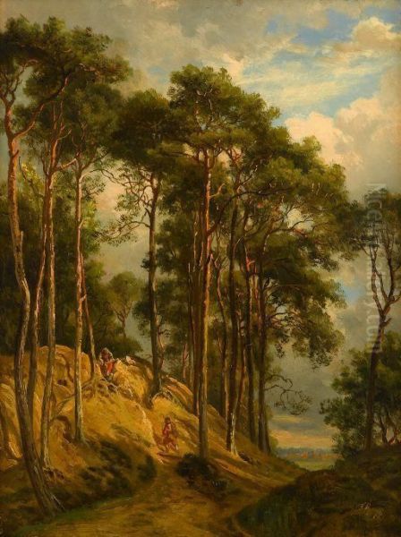 Figures In A Woodland Oil Painting by David Johnson