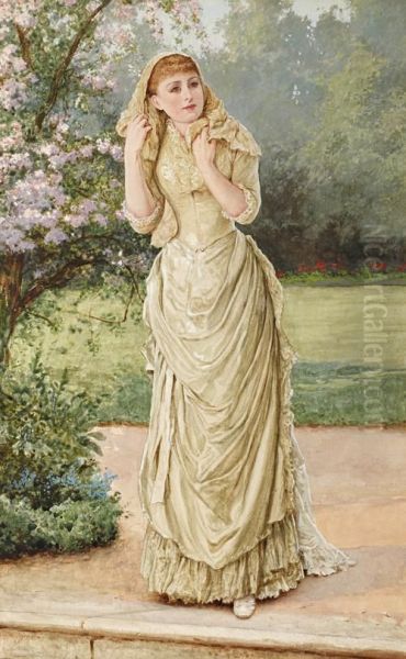 Lady In A Garden By A Blossoming Tree Oil Painting by Edward Killingworth Johnson