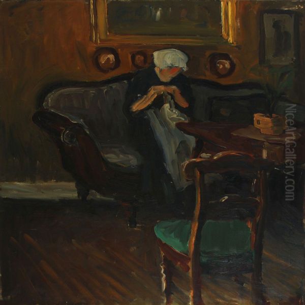 Interior Withsewing Woman Oil Painting by Erik William Johnson