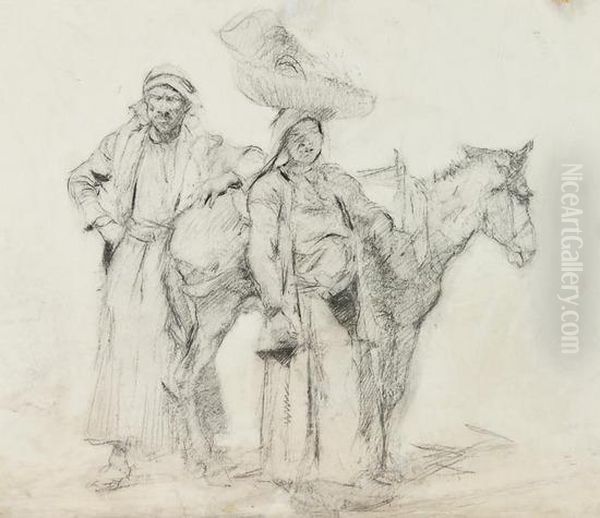 Arab Man And Woman With Donkey Oil Painting by Ernest Borough Johnson