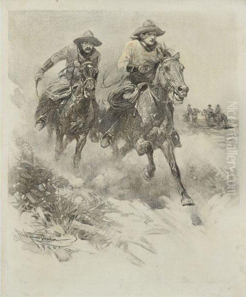 I Guess We Must Abin Three Feet Ahead With A Hundred Yards To Go.split Was Accusin' An Spurrin' An Whippin'. Oil Painting by Frank Tenney Johnson