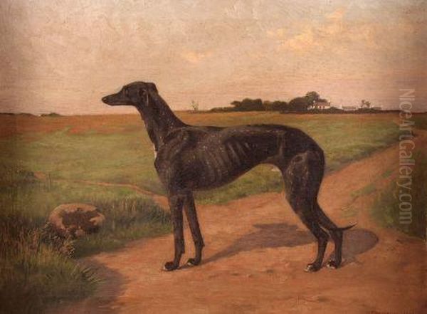 Study Of A Greyhound In An Extensivelandscape Oil Painting by G. F. Waldo Johnson