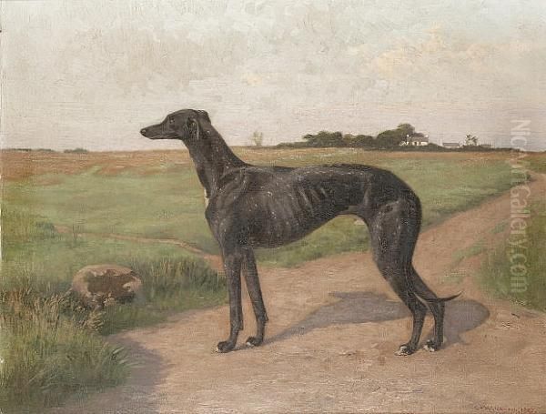 A Greyhound In A Landscape Oil Painting by G. F. Waldo Johnson