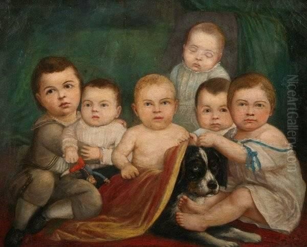 Six Children With Their Dog And Doll Oil Painting by Joshua Johnson