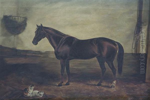 Portrait Of A Horse In A Stable With Two Cats Oil Painting by Louisa Johnson