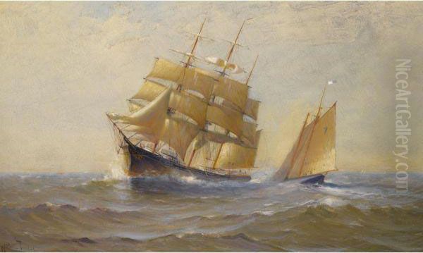 Clipper Ship And Sailboat Oil Painting by Marshall Johnson