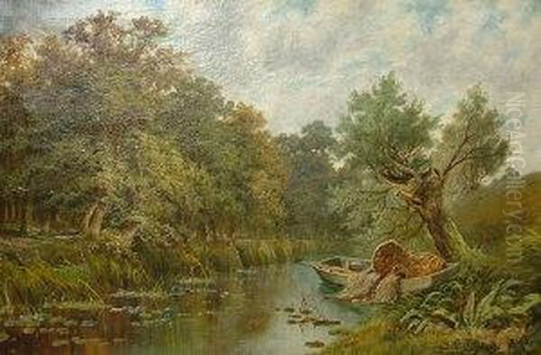 Rowing Boat In A River Landscape Oil Painting by Sidney Yates Johnson