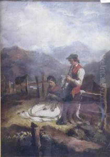 A Highland Couple, He Playing The Oboe Oil Painting by Alexander Johnston