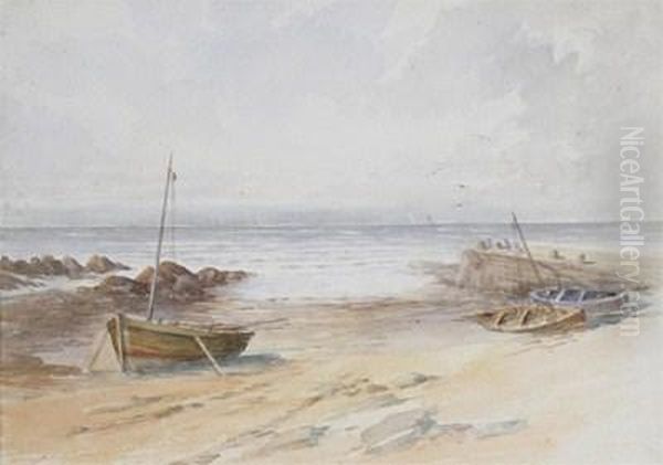 Boats On A Beach By A Harbour Wall Oil Painting by John Johnston