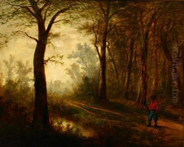 Traveler In A Forest Oil Painting by John R. Johnston