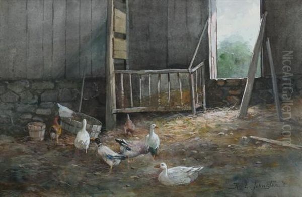 Barnyard With Ducks And Chickens Oil Painting by Reuben Le Grand Johnston