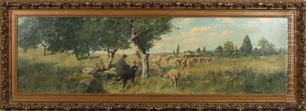 Panoramic Landscape With Shepherd And Flock Oil Painting by Reuben Le Grand Johnston