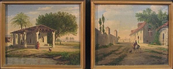 Arab Village Scene; Figures By A Building (a Pair) Oil Painting by Reuben Le Grand Johnston