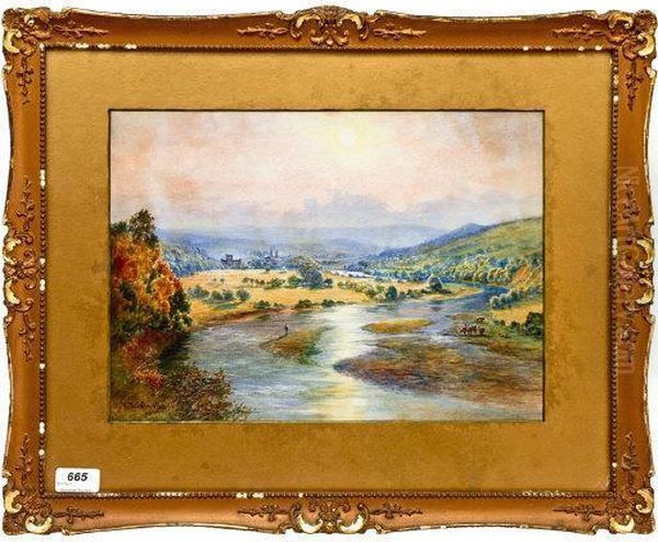 Scottish Landscape, 
Winding River With Figures. Oil Painting by Robert Brown Johnston