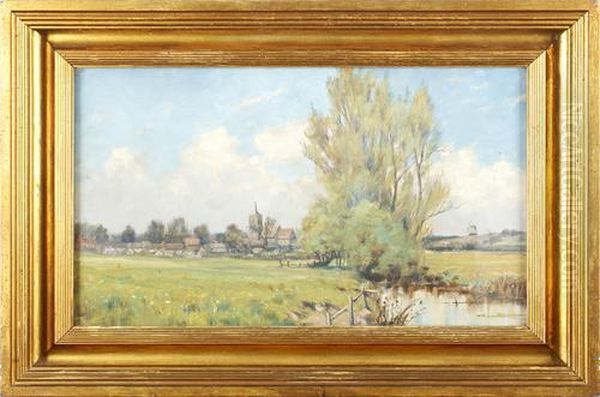 View Of Village And Church With River, Windmill In Background Oil Painting by Arthur Johnston Ryle