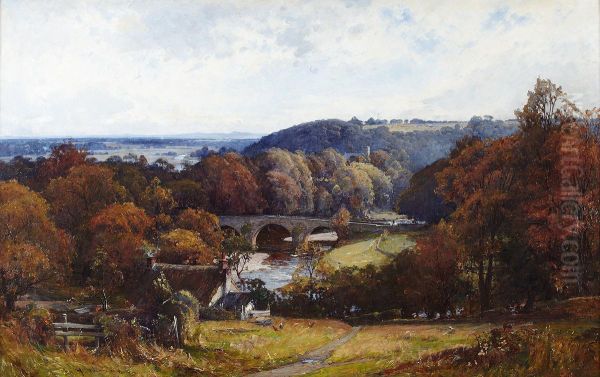 A Wooded River Landscape With Distant Stone Bridge Oil Painting by George Whitton Johnstone