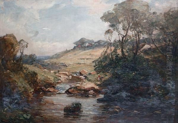 Figures By A Stream Near St. Andrews, Scotland Oil Painting by George Whitton Johnstone