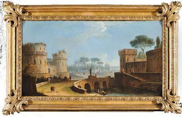 Veduta Fantastica Con Castelli E Tempietto Circolare In Lontananza Oil Painting by Antonio Joli