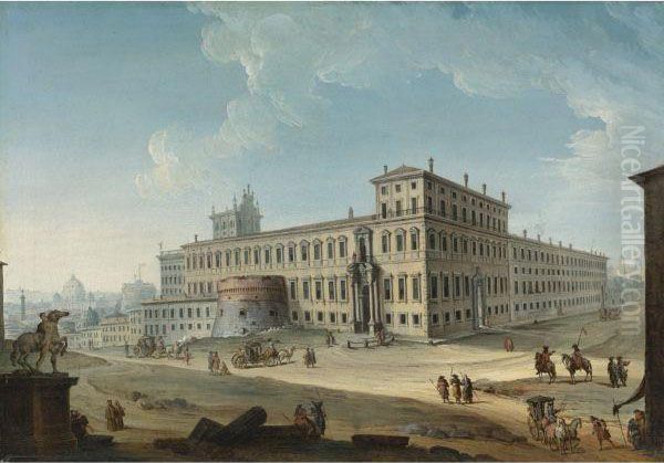 View Of The Piazza Montecavallo With The Palazzo Delquirinale Oil Painting by Antonio Joli