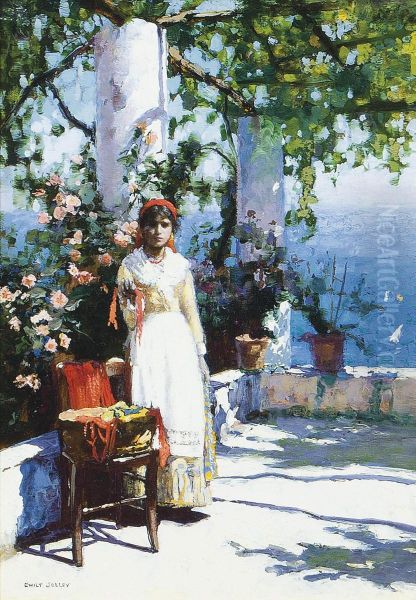 A Capri Coral Girl Oil Painting by Martin Gwilt-Jolley