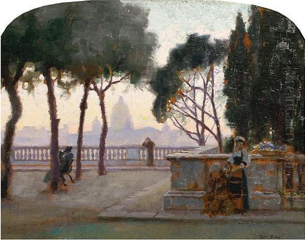 Figures On A Terrace Overlooking Rome Atsunset Oil Painting by Martin Gwilt-Jolley