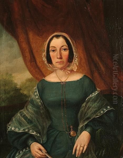 Portrait Of A Lady, Seated, Wearing A Blue Dress And Diaphanous Wrap; Portrait Of A Gentleman, Seated, Holding A Cane, A Landscape Beyond Oil Painting by Henri Jean Baptiste Jolly