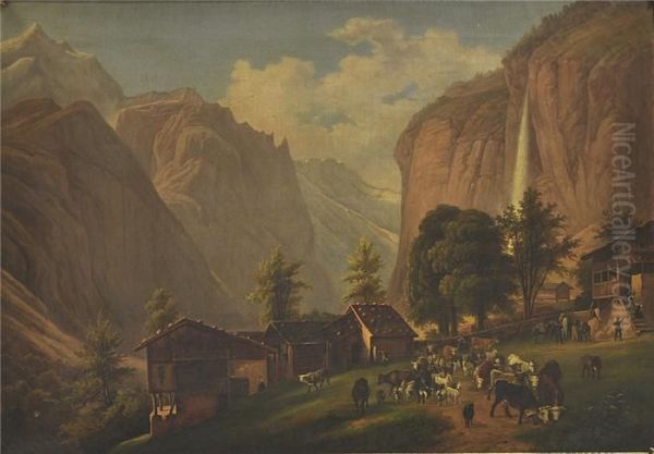 Blick Auf Alpendorf In Einer Schlucht Mit Bauern Und Groser Viehherde. Oil Painting by Alexis, Alexandre V. Joly