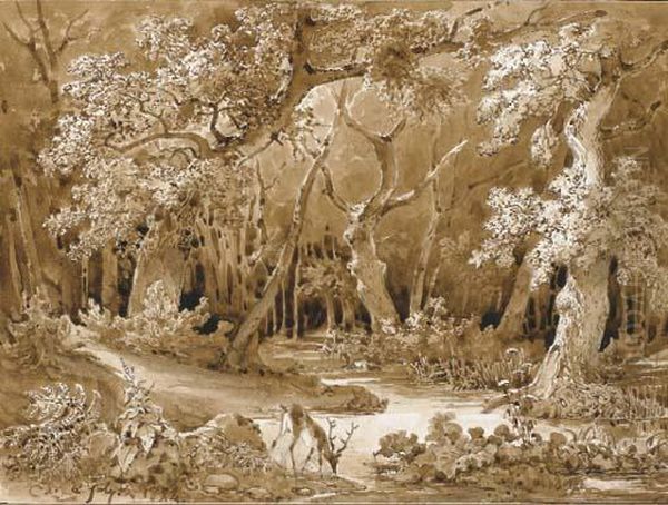 Une Foret Avec Un Cerf S'abreuvant Dans Un Ruisseau Oil Painting by Alexis, Alexandre V. Joly