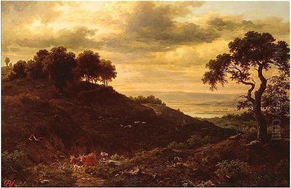 Evening Landscape, Signed With Monogram And Dated 87, Oil On Canvas, 51 X 77 Cm.; 20 X 30 1/2 In Oil Painting by Rudolf Jonas