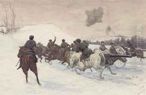 Russian Artillery Charging Through The Snows Of East Prussia Oil Painting by Adrian Jones