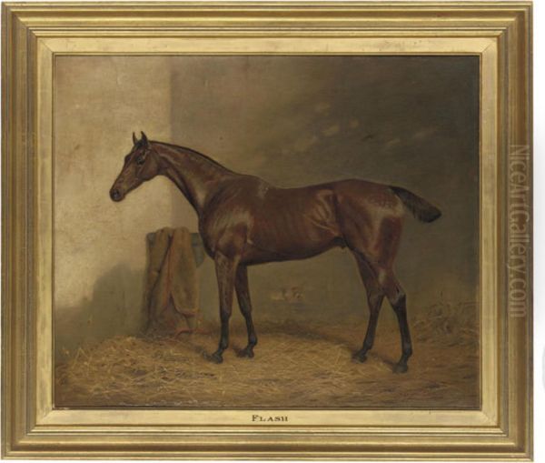 Flash, A Bay Thoroughbred In A Stable Oil Painting by Adrian Jones