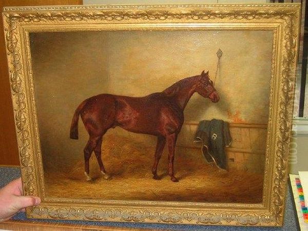 Chestnut Racehorse In A Stable Interior; And A Companion Pair, With Feed Bucket Marked Oil Painting by Adrian Jones