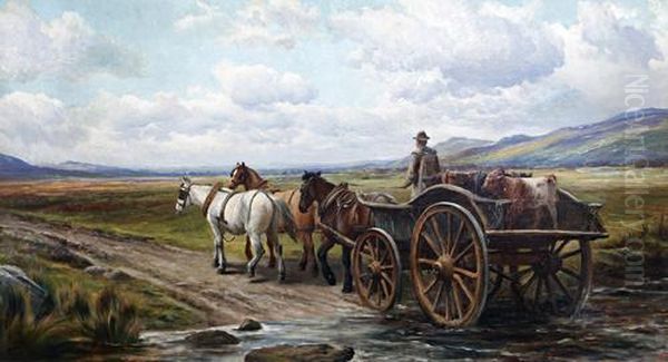 Horse And Cart Fording A River Oil Painting by Charles Jones