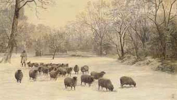 A Shepherd And Flock In A Snowy Landscape Oil Painting by Charles Jones