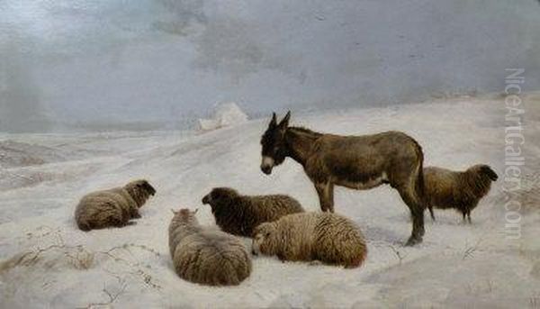 Sheep And A Donkey In A Winter Landscape Oil Painting by Charles Jones